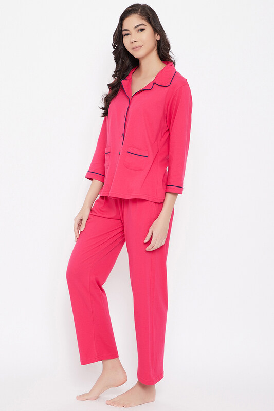 Clovia Button Down Shirt & Pyjama Set in Pink - 100% Cotton