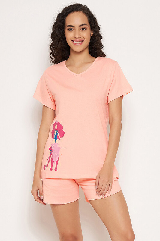 

Clovia Leo Print Top & Shorts Set in Salmon Pink - 100% Cotton