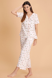 Clovia Sipper Print Button Me Up Top & Pyjama in White - Cotton Rich