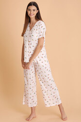 Clovia Sipper Print Button Me Up Top & Pyjama in White - Cotton Rich