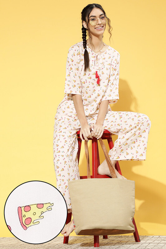 Clovia Pizza Print Flared Top & Pyjama Set in White - Cotton Rich