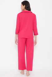 Clovia Button Down Shirt & Pyjama Set in Pink - 100% Cotton