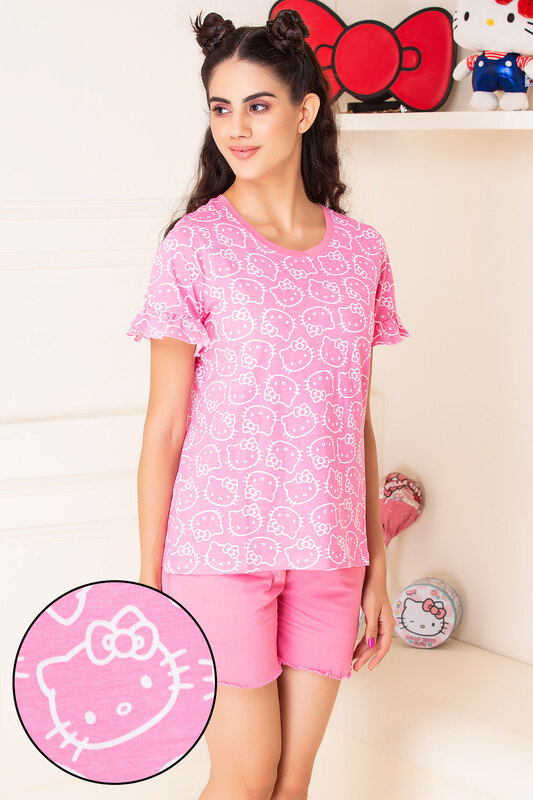 

Clovia Hello Kitty Print Top & Solid Shorts Set in Pink - 100% Cotton