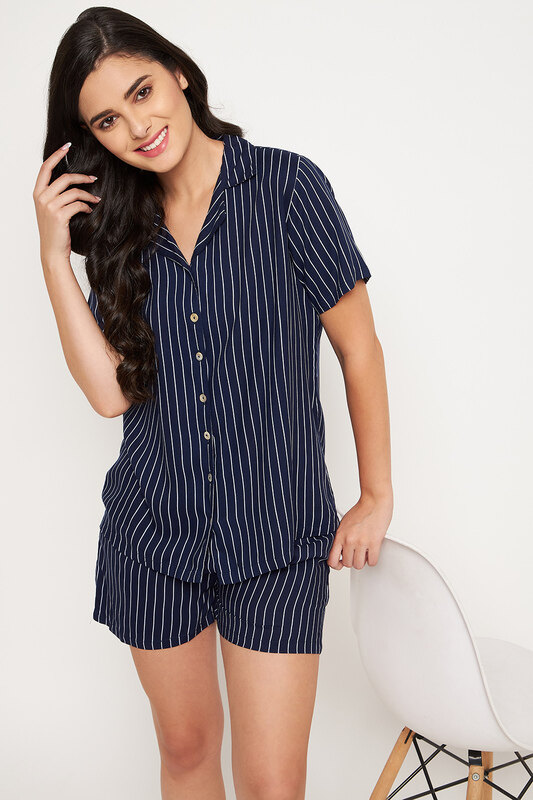 

Clovia Sassy Stripes Button Down Shirt & Shorts in Black - Rayon