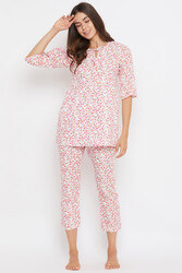 Clovia Pretty Florals Top & Cropped Pyjama in White - 100% Cotton