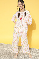 Clovia Pizza Print Flared Top & Pyjama Set in White - Cotton Rich