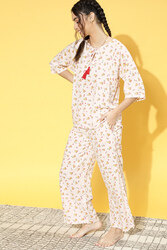 Clovia Pizza Print Flared Top & Pyjama Set in White - Cotton Rich