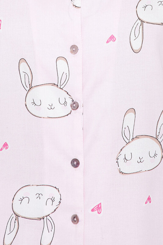 Clovia Bunny & Heart Print Button Down Shirt & Pyjama in Baby Pink - Rayon