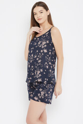 Clovia Star Print Cami Top & Shorts in Navy - Rayon