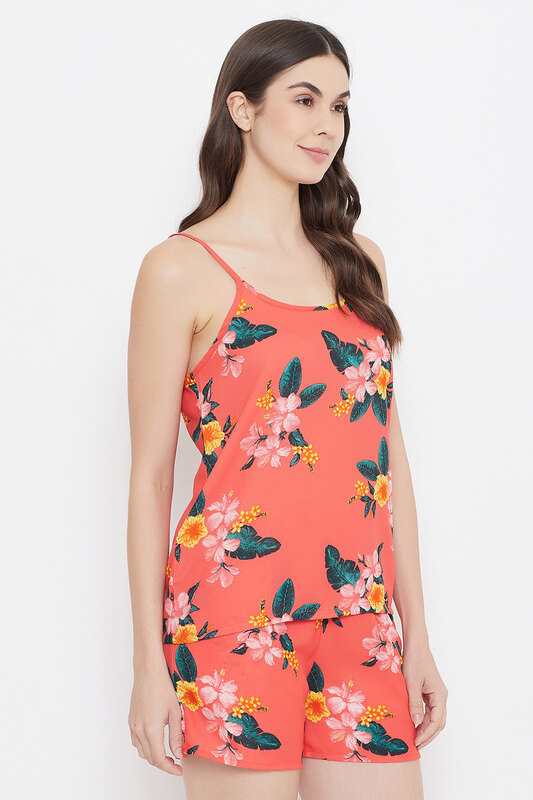 Clovia Pretty Florals Cami Top & Shorts in Orange - Crepe