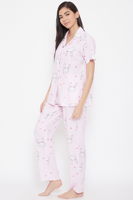 Clovia Bunny & Heart Print Button Down Shirt & Pyjama in Baby Pink - Rayon