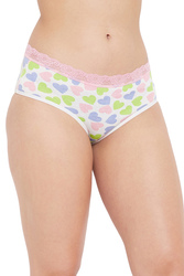 Clovia Mid Waist Heart Print Hipster Panty in White with Lace Waist - Cotton