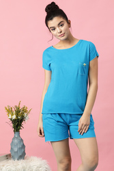 Clovia Chic Basic Top & Shorts Set in Light Blue - 100% Cotton