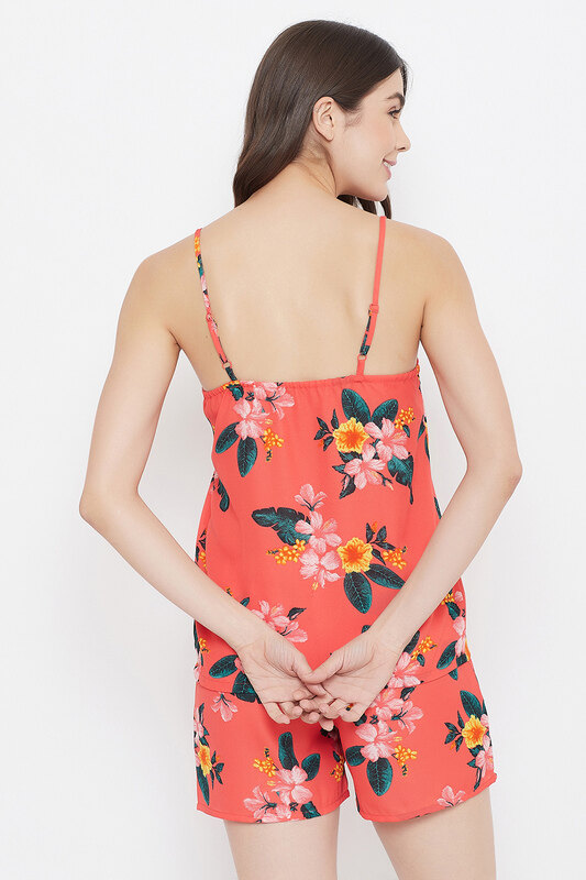 Clovia Pretty Florals Cami Top & Shorts in Orange - Crepe