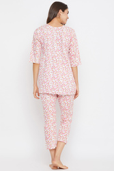 Clovia Pretty Florals Top & Cropped Pyjama in White - 100% Cotton