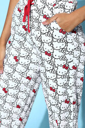 Clovia Hello Kitty Print Button Down Shirt & Pyjama Set in White - 100% Cotton