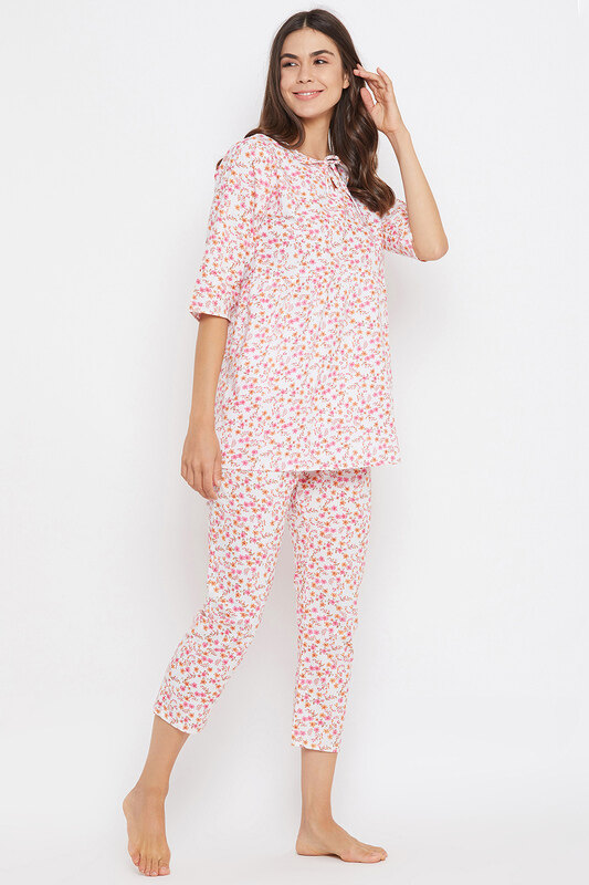 Clovia Pretty Florals Top & Cropped Pyjama in White - 100% Cotton