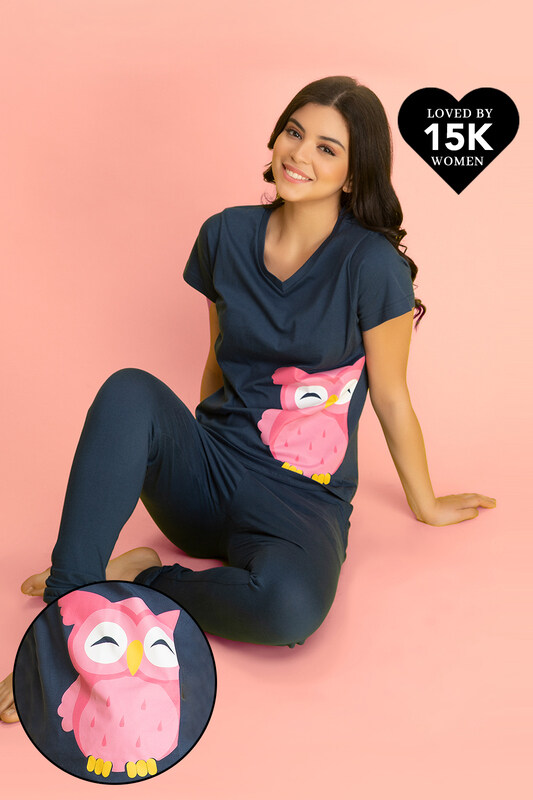 

Clovia Owl Print Top & Pyjama in Navy - 100% Cotton