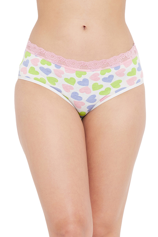 Clovia Mid Waist Heart Print Hipster Panty in White with Lace Waist - Cotton