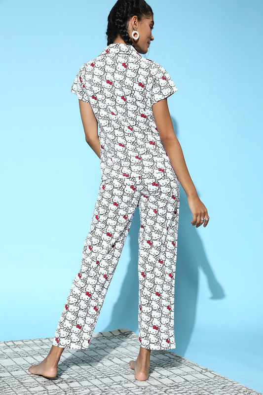 Clovia Hello Kitty Print Button Down Shirt & Pyjama Set in White - 100% Cotton
