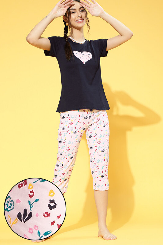 

Clovia Sweet Heart Top & Pyjama in Navy & Pink - 100% Cotton