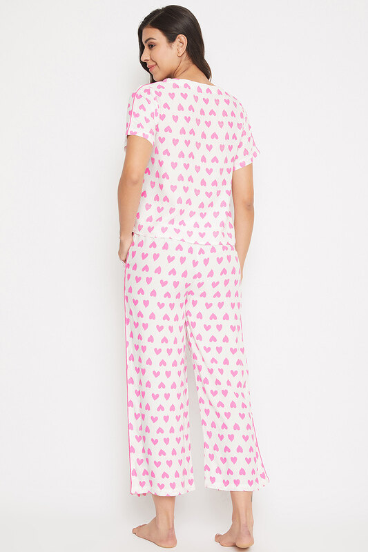 Clovia Heart Print Cropped Top & Wideleg Ankle Length Pyjama in White - Rayon