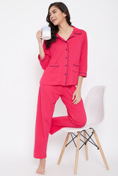 Clovia Button Down Shirt & Pyjama Set in Pink - 100% Cotton