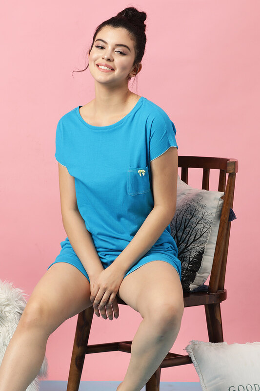 Clovia Chic Basic Top & Shorts Set in Light Blue - 100% Cotton