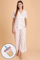 Clovia Sipper Print Button Me Up Top & Pyjama in White - Cotton Rich