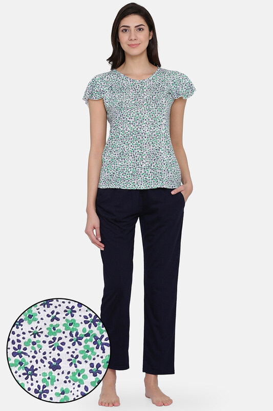 

Clovia Pretty Florals Top & Solid Pyjama in White & Navy - Cotton Rich