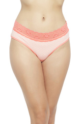 Clovia Mid Waist Printed Hipster Panty in Peach with Lace Waist - Cotton