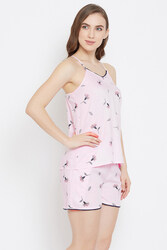 Clovia Print Me Pretty Cami Top & Shorts in Pink - Rayon