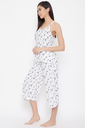 Clovia Pretty Floral Cami Top & Culottes in White - Rayon