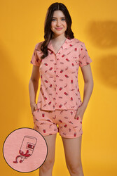 Clovia Print Me Pretty Button Me Up Shirt & Shorts Set in Salmon Pink - 100% Cotton