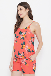 Clovia Pretty Florals Cami Top & Shorts in Orange - Crepe
