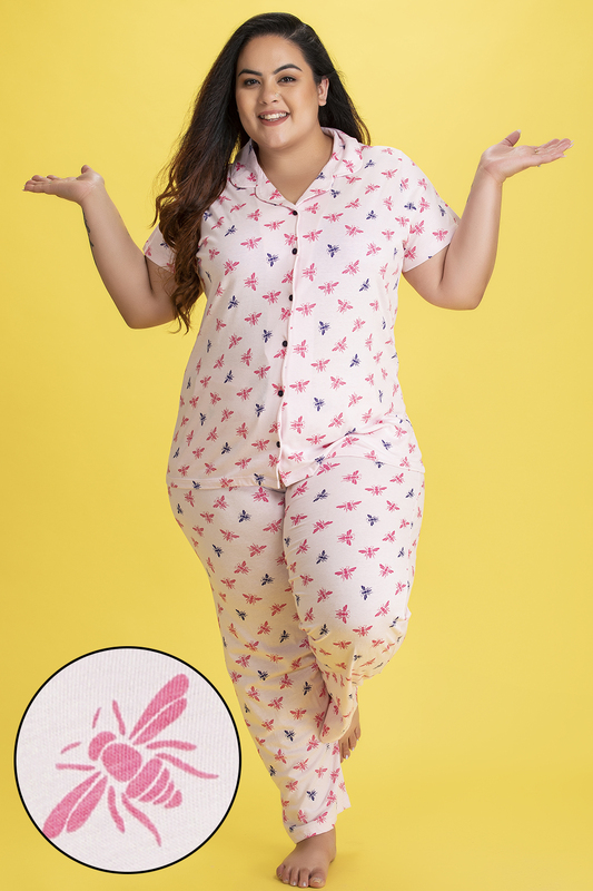 

Clovia Fly Print Button Down Shirt & Pyjama Set in Baby Pink - Cotton Rich