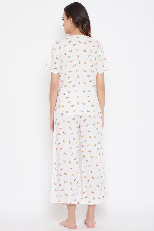 Clovia Sipper Print Button Me Up Top & Pyjama in White - Cotton Rich