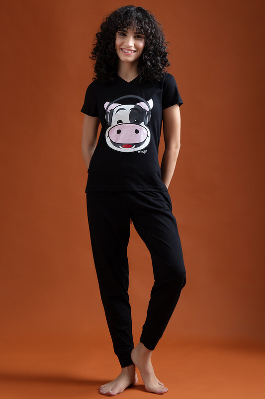 

Clovia Cow Emoji Print Top & Solid Jogger Set in Black - 100% Cotton
