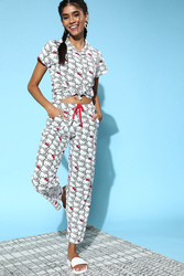 Clovia Hello Kitty Print Button Down Shirt & Pyjama Set in White - 100% Cotton