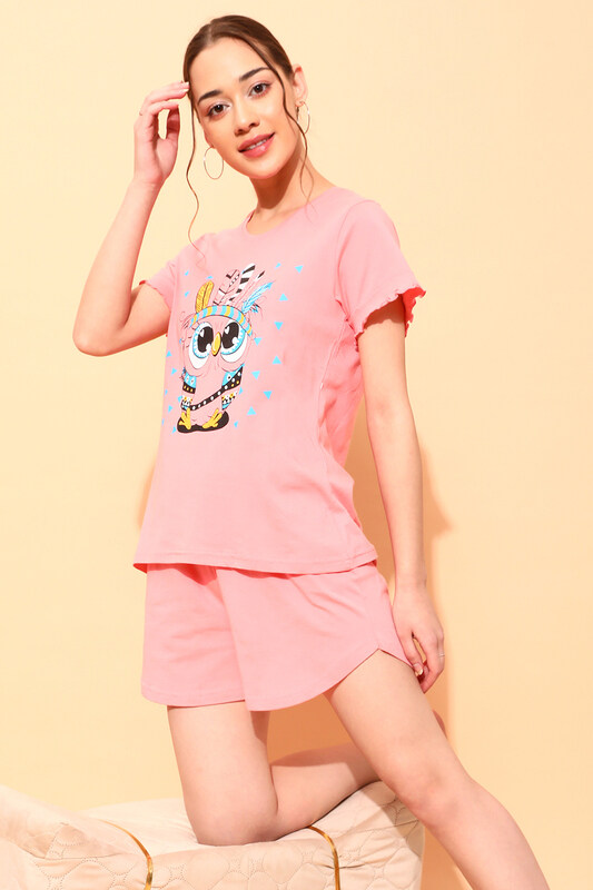 

Clovia Owl Print Top & Shorts Set in Peach Pink - Cotton Rich
