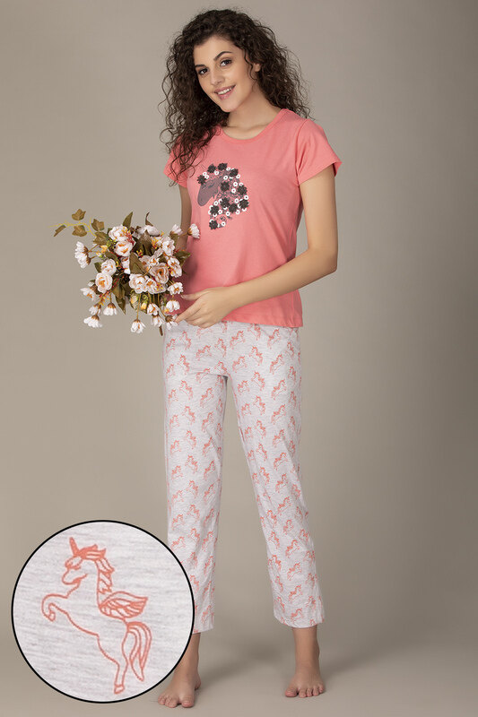 

Clovia Unicorn Top & Pyjama Set in Coral Pink- Cotton
