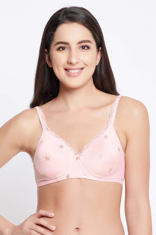 

Clovia Padded Non-Wired Full Cup Star Print T-shirt Bra in Salmon Pink