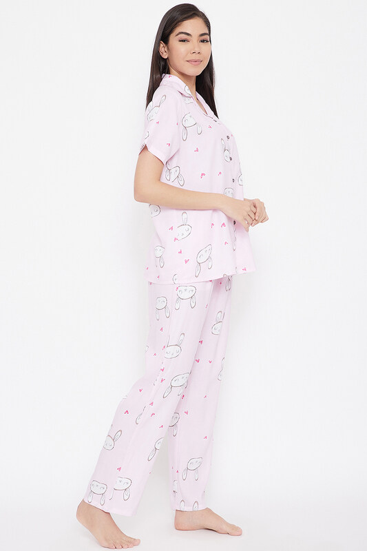 Clovia Bunny & Heart Print Button Down Shirt & Pyjama in Baby Pink - Rayon