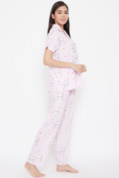 Clovia Bunny & Heart Print Button Down Shirt & Pyjama in Baby Pink - Rayon