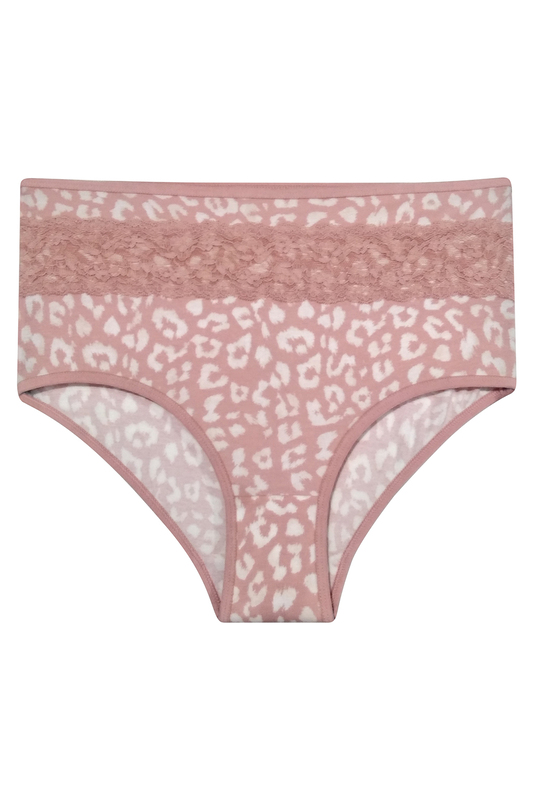 

Clovia High Waist Animal Print Hipster Panty with Lace Waist in Pink- Cotton