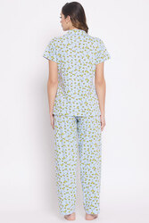 Clovia Margarita Glass Print Button Down Shirt & Pyjamas Set in Powder Blue - 100% Cotton