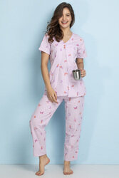 Clovia Cotton Rich Maternity Printed Nightsuit In Purple