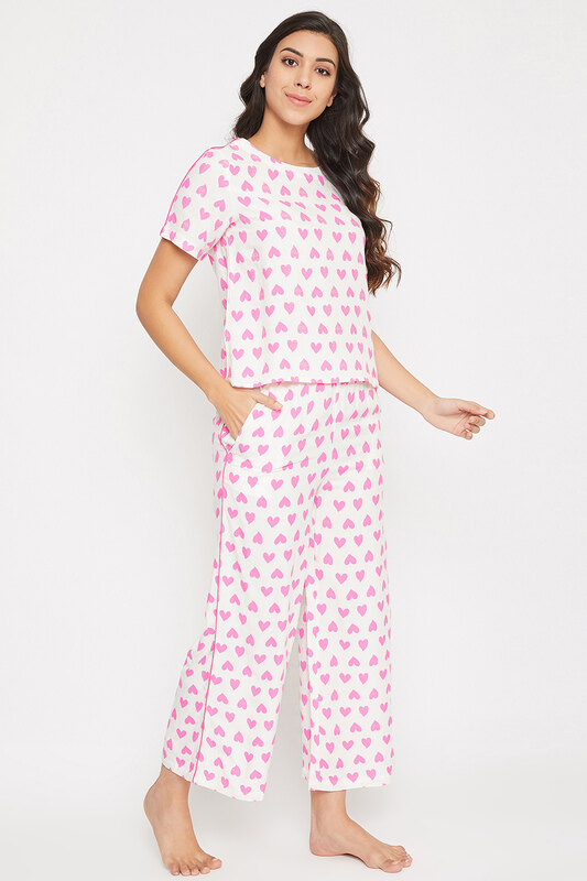 Clovia Heart Print Cropped Top & Wideleg Ankle Length Pyjama in White - Rayon