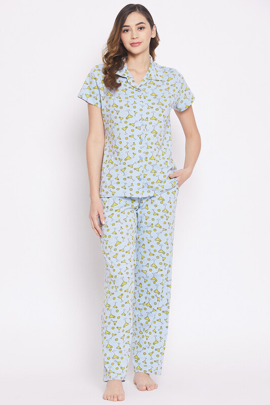 Clovia Margarita Glass Print Button Down Shirt & Pyjamas Set in Powder Blue - 100% Cotton