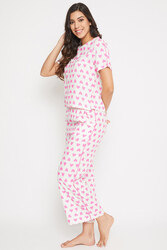 Clovia Heart Print Cropped Top & Wideleg Ankle Length Pyjama in White - Rayon